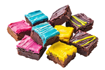 Colorful and decadent brownie squares artistically arranged for a vibrant dessert display at a lively gathering isolated on transparent background