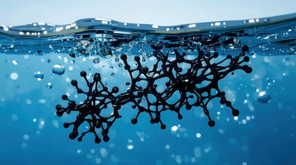 Concept of water pollution with a large molecule-like structure representing harmful PFC PFAS crude oil plastic molecules poisoning drinking water. Contamination of river or lake by forever chemicals.