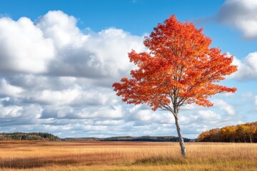 Vibrant autumn tree in golden field under bright blue sky