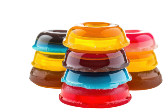 Vibrant jelly desserts stacked artfully with bright colors in a playful arrangement, showcasing delightful flavors and textures isolated on transparent background