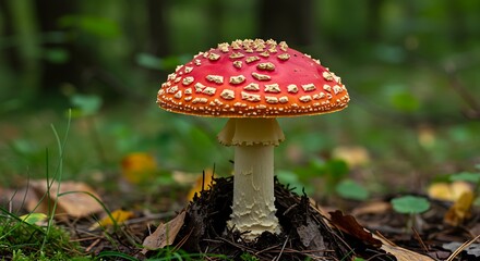 Amanita Muscaria Mushroom in a Forest Setting.