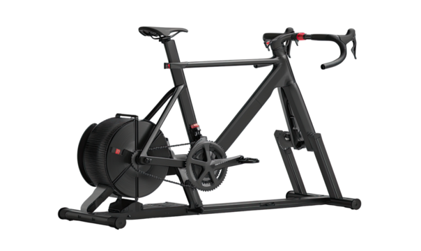 Modern, sleek stationary bike with carbon fiber frame. Features a large, dark wheel and red accents