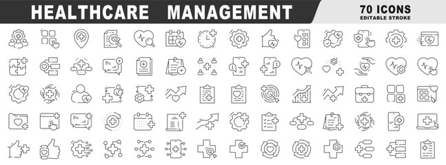 Outline healthcare management icon set for hospitals and clinics: scheduling, records, EHR/EMR, workflow analytics, security, telemedicine, dashboards; editable stroke professional