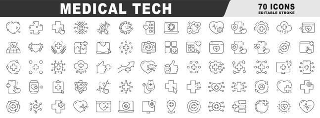 Medical tech line icons for telemedicine, healthcare apps, wearables, cloud data, diagnostics, monitoring, AI, security, DNA, hospitals, interfaces, dashboards, devices