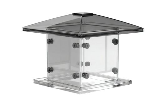 Clear acrylic bird feeder with a peaked roof