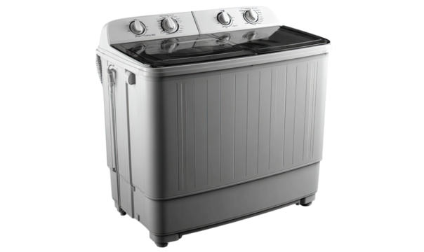 Compact, white, two-in-one washing machine with a glass lid and control knobs