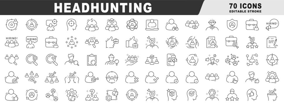 Clean outline icons for headhunting, recruitment, hiring, candidate search, screening, interview, ATS workflows, shortlist, verification, and staffing. Resume sourcing analytics