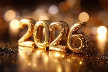 Golden 2026 sparkles amid blurred lights on a reflective surface casting radiant bokeh and festive ambiance