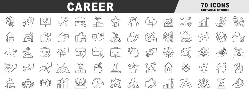 Career line icon set about job promotion, growth, goals, targets, performance, leadership, management, strategy, recruitment, resume, success, hiring; editable stroke