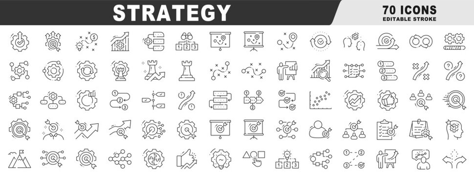 Outline strategy icon set covering planning, roadmap, targets, workflow, analysis, charts, agile processes, leadership, and business optimization; editable stroke icons