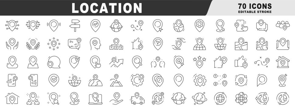 Location line icons featuring map pins, markers, navigation, GPS tracking, routes, destinations, globe, smartphone app elements; clean outline, editable stroke