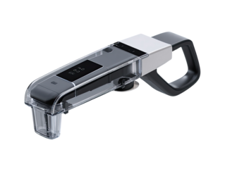 Transparent handheld game controller with black and grey components.  Clear plastic casing encloses internal parts.  Small display screen visible.  Ergonomic grip design,  mounting features