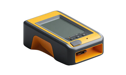 Portable, handheld device with a color screen and controls.  Orange and gray casing.  Small, rectangular form factor