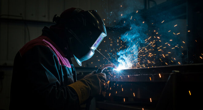 A welder wearing protective gear and a mask works on a metal structure, creating a bright arc of sparks and blue light.