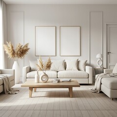 Elegant Living Room Interior with Neutral Tones and Natural Accents Two Blank Frames for Art or Photography