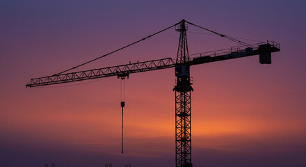 Silhouette of a large construction tower crane against a vibrant orange and purple sunset sky.