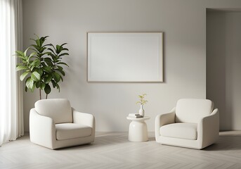 Elegant Minimalist Living Room Interior Design with Modern Armchairs and Blank Canvas Wall Art for Creative Mockups and Home Decor Inspiration