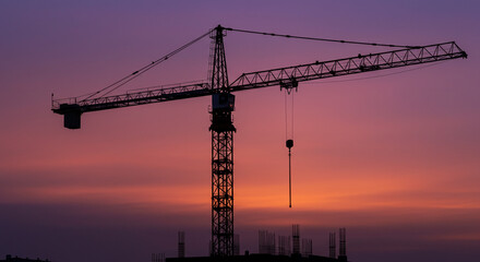 Fototapeta premium Construction crane against a colorful sunset sky, silhouetted.