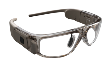 Transparent,  gray-toned  glasses with  integrated  technology.  Clear  lenses  and  frame
