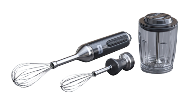 Kitchen electric hand blender set with whisk attachments and jar.  Gray metal construction, clear glass jar