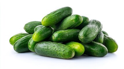 Fresh cucumbers piled on white background. AI image