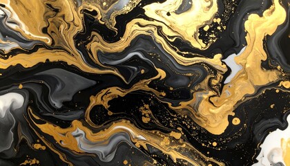 Abstract fluid art with black, gray, and gold marbling swirls.
