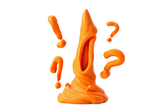 Creative orange slime sculpture with curious question marks rising above, evoking wonder and imagination in a playful setting isolated on transparent background