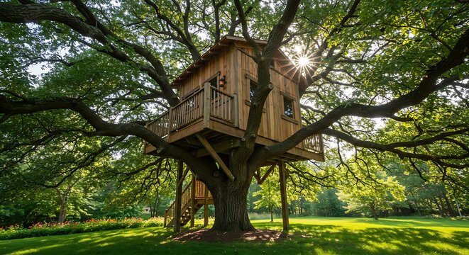 Charming Wooden Treehouse Nestled in Lush Green Tree Bathed in Sunlight. - Powered by Adobe