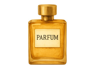 Perfume bottle for men, Parfum in Beautiful Gold Glass Bottle isolated on transparent and white background.PNG image.