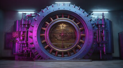 Fototapeta premium perspective shot of a circular bank vault door in a dimly lit room.
