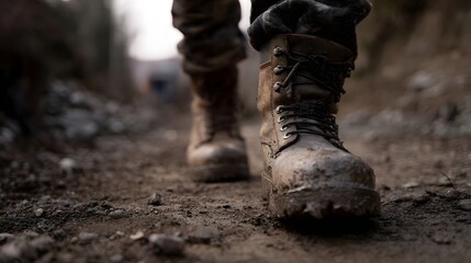 Worker in muddy boots traversing challenging terrain