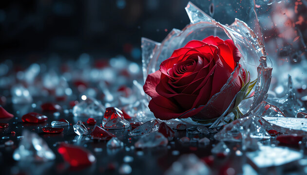 Red rose inside broken glass shards with dramatic lighting, realistic macro photography