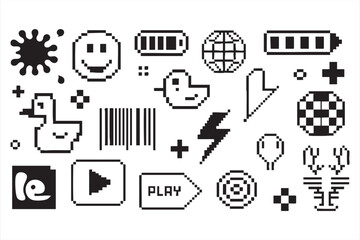 Black and White Pixel Symbols and Retro Graphics Vector Illustration