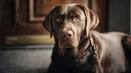 Brown Labrador retriever waiting at the door with leash