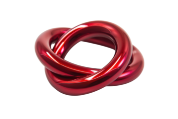 A vibrant red infinity loop sculpture elegantly intertwines, showcasing modern art design and craftsmanship in a minimalist style isolated on transparent background