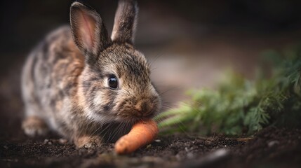 Fototapeta premium Rabbit enjoying a carrot in a lush garden setting