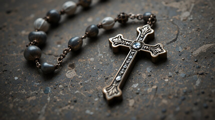 close up of a rosary with a cross on it