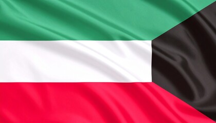 Kuwait flag with green-white-red stripes and black trapezoid at hoist.