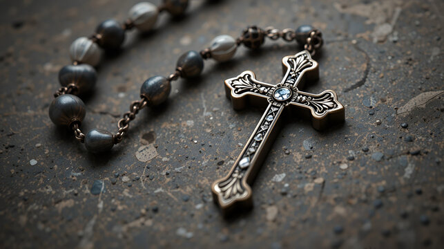 close up of a rosary with a cross on it - Powered by Adobe