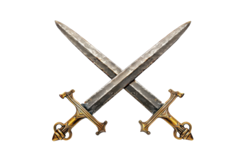 Artistic display of intricately designed swords crossed gracefully on a neutral background, embodying strength and craftsmanship isolated on transparent background