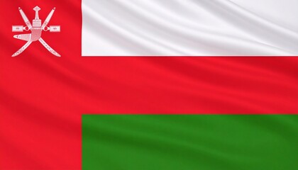 Oman flag with white-red-green horizontal stripes and red vertical band with emblem.