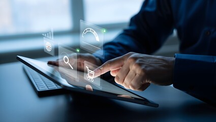 Close up of a person s hands using a tablet with glowing digital data overlay