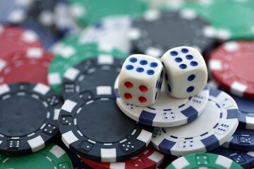 Dice game on the poker table in the casino. A successful combination of dice brought a lot of...