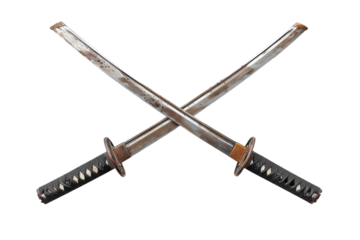 Two crossed traditional swords resting on a clean white background during an artistic still life capturing the essence of samurai culture isolated on transparent background