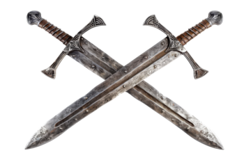 Intricate battle-worn swords crossed in an artistic display showcasing craftsmanship and history on a plain background isolated on transparent background