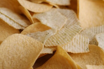 Homemade Flavored Paprika Potato Chips in a Bowl, top view. Flat lay