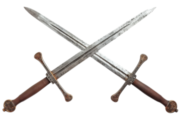 Intricately designed medieval swords crossed in a symbolic display, showcasing craftsmanship and history, perfect for a collector's showcase isolated on transparent background