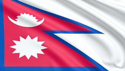 Nepal flag with crimson double triangle, white moon and sun, blue border.