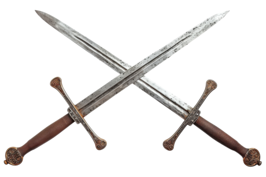 Intricately designed medieval swords crossed in a symbolic display, showcasing craftsmanship and history, perfect for a collector's showcase isolated on transparent background