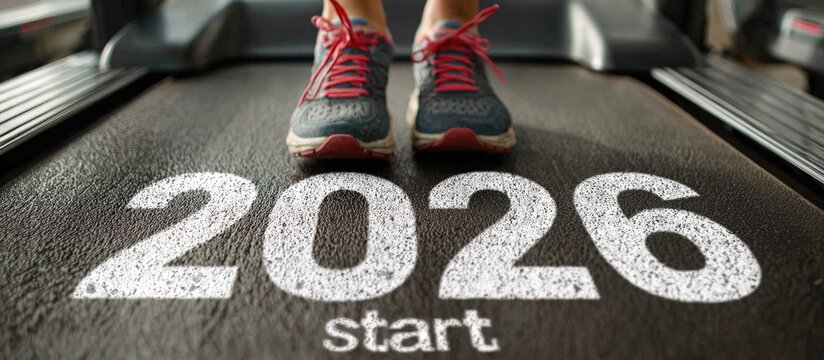 A person jogs on a treadmill, focused on their fitness journey. The year 2026 is displayed on the machine, symbolizing new beginnings and resolutions for the new year